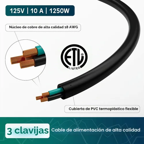 Vista 3 de Elecan Cable de alimentación de repuesto de 3 clavijas de 50 pies, cable de alimentación flexible y duradero a prueba de calor para dispositivos CA