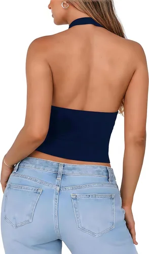 Vista 4 de ForeFair Camiseta sin mangas sexy con cuello halter sin espalda para salir, cuello en V profundo, espalda abierta, sin mangas, ajuste delgado, Y2K