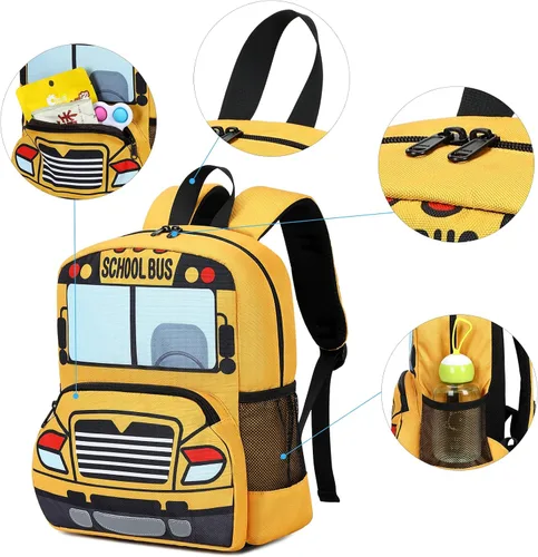 Vista 6 de Mochila infantil para niños y niñas, bolsas de preescolar 3D de dibujos animados para guardería, amarillo, (Yellow Bus), Mochila para niños pequeños