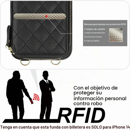 Vista 3 de Bocasal Funda tipo cartera cruzada para iPhone 14, con bloqueo RFID, de piel sintética, con cremallera, funda tipo cartera con función atril y Negro