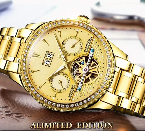 Vista 7 de Mens tourbillon Multifunction Calendar Sapphire Full Gold Automatic Waterproof Watches