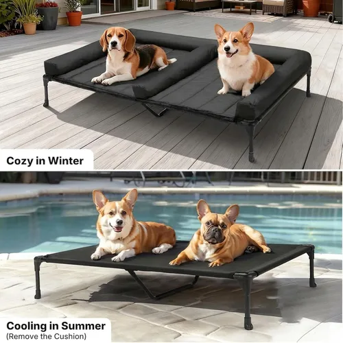 Vista 5 de Veehoo Cama elevada refrescante para perros + cojín doble impermeable para dos perros medianos, cama elevada para perros con tapete de apoyo