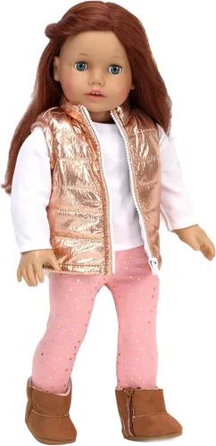 Vista 2 de Sophia's Chaleco metálico con cremallera, leggings de melocotón con lunares dorados, camiseta blanca de manga larga y botas inspiradas en UGG