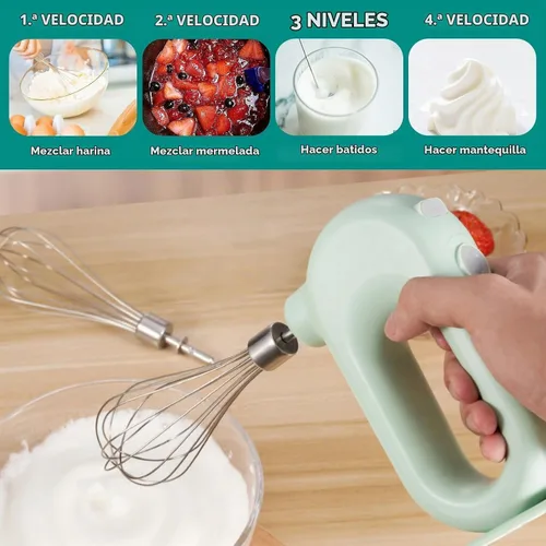 Vista 3 de 4 Speed Electric Hand Mixer, Electric Hand Mixer Whisk Wireless Rechargeable Handheld Egg Beater Adjustable Cordless Electric Whisk Hand Mixer Green