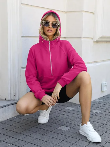 Vista 5 de PGANDS Sudaderas con capucha de manga larga con forro polar para mujer, con media cremallera, cuello con cremallera, holgadas