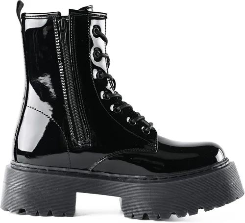 Vista 2 de READYSALTED Botines negros de tacón bajo con plataforma gruesa para mujer llave