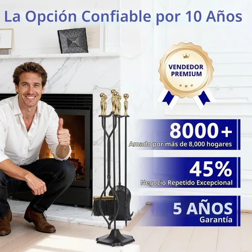 Vista 5 de Juego de herramientas para chimenea de AMAGABELI GARDEN & HOME, 5 piezas, mango dorado, de hierro forjado, con soporte, incluye pinzas, pala