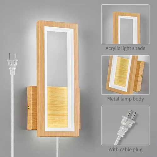 Vista 5 de Apliques de pared modernos de color madera enchufables de 18 W, lámpara de pared LED simple para interiores, 6000 K, luces de pared rectangulares