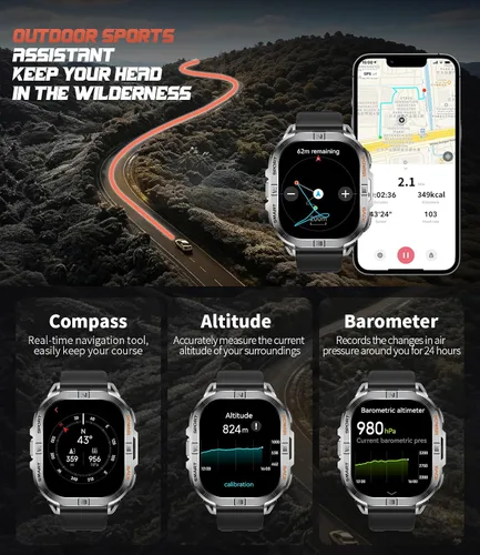 Vista 4 de Relojes inteligentes militares para hombres, linterna GPS/LED integrada/brújula/batería de 600 mAh, reloj inteligente AMOLED de 2.13 pulgadas