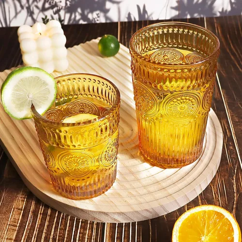 Vista 7 de Loivttvv Juego de 12 vasos vintage para beber, vasos highball de 12 oz y vasos de cristalería acanalados en relieve de 9 oz para cóctel de Acción