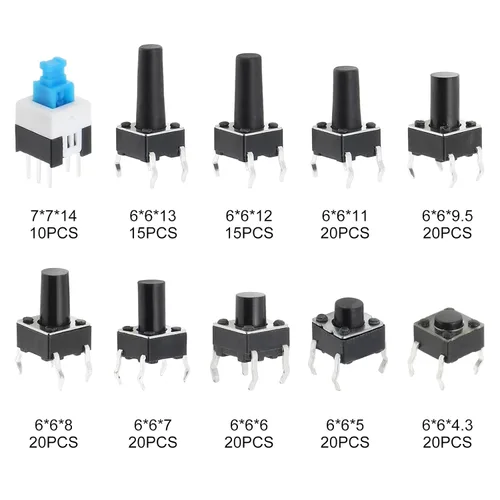 Vista 3 de Interruptor táctil de botón pulsador micro momentáneo interruptor 10 valores 0.236x0.236 in 4 pines 180 piezas kit surtido interruptores pulsadores