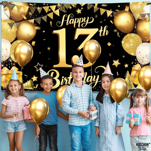 Vista 8 de KatchOn, Cartel de feliz cumpleaños número 13, negro y dorado, extragrande, 72 x 44 pulgadas, telón de fondo de feliz cumpleaños, pancarta de feliz