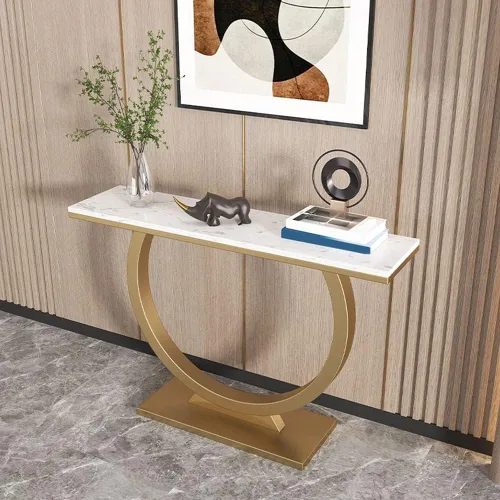Vista 6 de Mesa decorativa de estilo glamuroso con base de pedestal y mesa rectangular de mármol para porche de pizarra contra la pared, decoración de caja