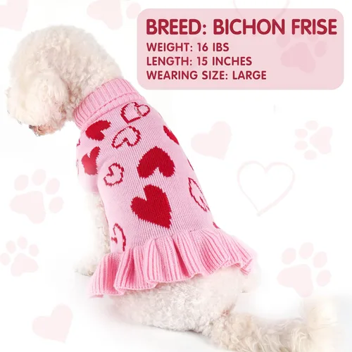 Vista 5 de cyeollo Vestido suéter para perro de San Valentín, suéteres cálidos de cuello alto para perros pequeños y niñas, ropa de punto elástico