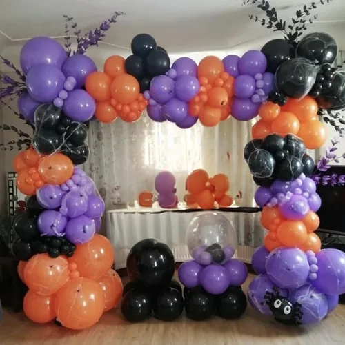 Vista 7 de Jobkoo Kit de guirnalda de arco de globos de Halloween, globos de confeti negro, morado, naranja, globos de confeti de Halloween, cumpleaños, baby