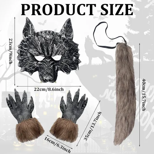 Vista 4 de Ramede Disfraz de hombre lobo de Halloween, incluye máscara de hombre lobo, guantes de garra, pies de hombre lobo, cubiertas de zapatos, patas