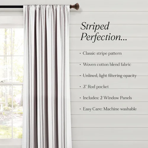 Vista 7 de Lush Decor Farmhouse Stripe - Par de paneles de cortinas de ventana de algodón teñido con hilo a rayas, 42" A x 84" L, Gris - Encanto rústico