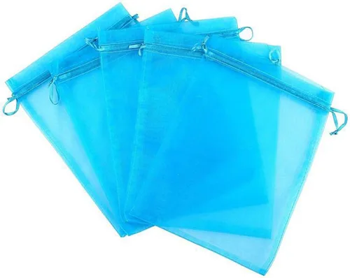 Vista 4 de Juego de 50 bolsas de organza de regalo con cordón azul aguamarina de 4 x 6 pulgadas para baby shower, Navidad, boda, recuerdos de fiesta, despedida