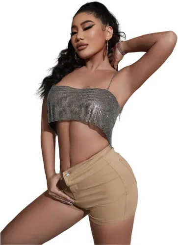 Vista 5 de Camiseta corta de lentejuelas de metal brillante para mujer, sexy, sin espalda, sin espalda, para fiesta, clubwear