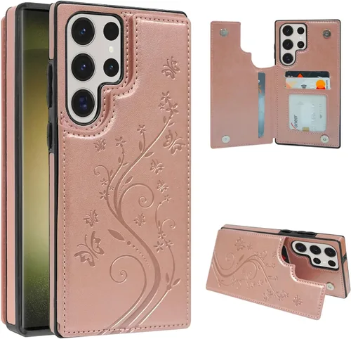 Vista 22 de Korecase - Funda tipo cartera para Samsung Galaxy S23 con tarjetero y tarjetero de piel sintética, diseño de mariposas y flores, color azul