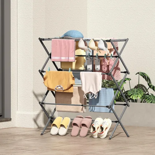 Vista 8 de KINGBOARD Tendedero de secado de ropa plegable con 11 postes, estante de secado de lavandería de 3 niveles, estante de secado de ropa pequeño