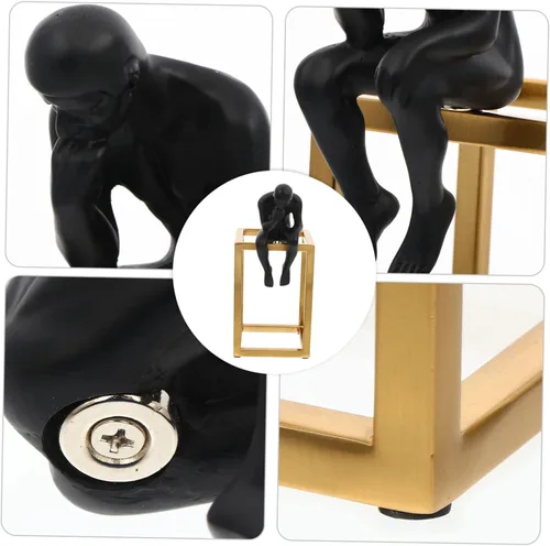 Vista 2 de Abaodam 1 juego de adornos negros pequeños escultura de pensamiento de hierro, estatua de escritorio del pensador, escultura abstracta, escritorio
