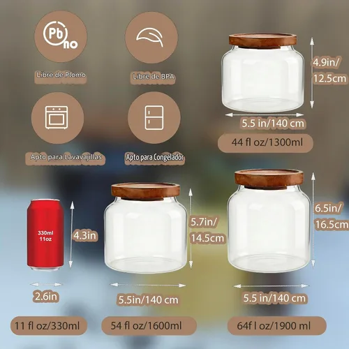 Vista 2 de 1 tarro de almacenamiento de vidrio con tapas herméticas, recipiente de café de 54 onzas líquidas (54.1 fl oz) con tapa de madera, recipiente