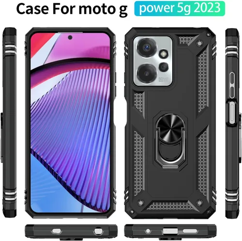 Vista 4 de Funda para Moto G Power 5G 2023 con protector de pantalla HD, funda protectora de grado militar con anillo (negro)