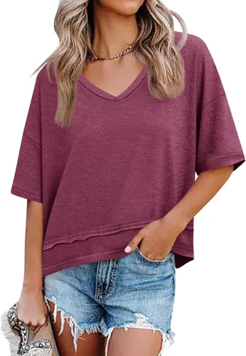 Vista 27 de Cicy Bell Camisetas de verano con cuello en V para mujer, casuales, de manga corta, holgadas, lindas camisetas básicas Caqui