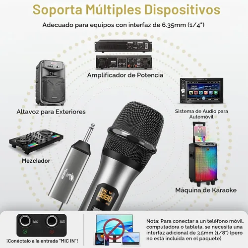 Vista 5 de Micrófono inalámbrico TONOR, sistema de micrófono de mano inalámbrico de metal UHF con receptor recargable, para karaoke, canto, fiesta, boda, DJ