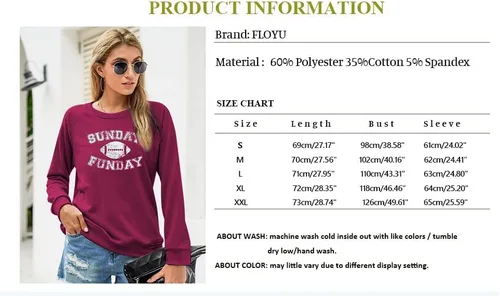 Vista 5 de FLOYU Sudadera Sunday Funday para mujer linda sudadera con gráfico de fútbol para fin de semana camiseta casual de temporada de fútbol