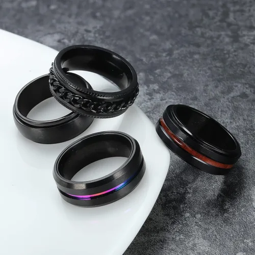 Vista 3 de THUNARAZ Anillo de titanio de acero inoxidable para la ansiedad para mujeres y hombres, anillos giratorios negros para la ansiedad, juego de anillos