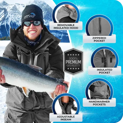 Vista 2 de WindRider Traje de pesca en hielo, baberos aislados y chaqueta flotación toneladas de bolsillos Equipo impermeable para pesca en hielo y motos