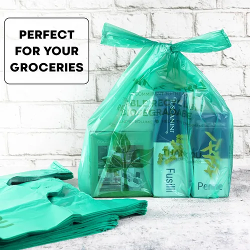 Vista 2 de KitchenDine Bolsas de plástico ecológicas verdes – 100 bolsas de compras biodegradables – Thank You – Bolsa de transporte de 22 x 12 pulgadas (100)