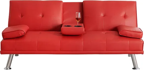 Vista 9 de Anwick Sofá futón de cuero moderno, sofá cama plegable convertible, sofá biplaza reclinable para espacios pequeños, apartamento, oficina