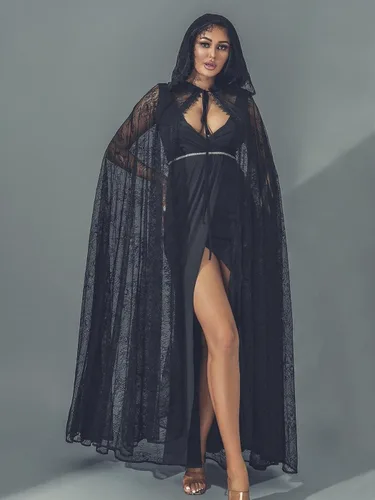 Vista 6 de GORAIS Capa larga con capucha de encaje para mujer, capa larga transparente de Halloween, para noche de boda