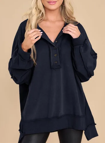 Vista 59 de AlvaQ - Sudadera de gran tamaño para mujer, informal, de manga larga, con botones y cuello Henley, tipo túnica