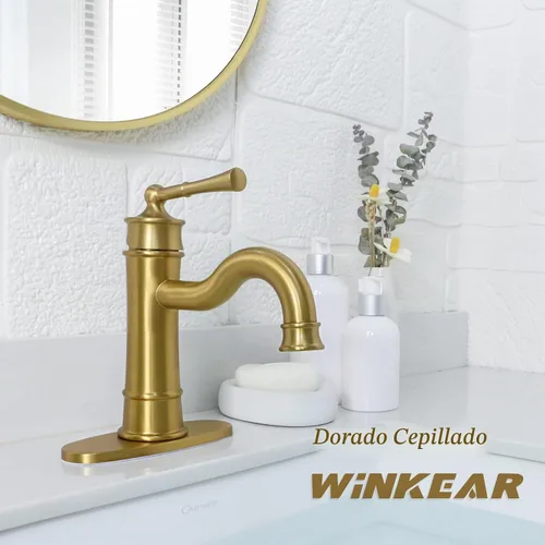 Vista 4 de Grifo romano para lavabo de baño dorado cepillado de un solo agujero, montaje en cubierta, conjunto de drenaje desplegable con placa de cubierta