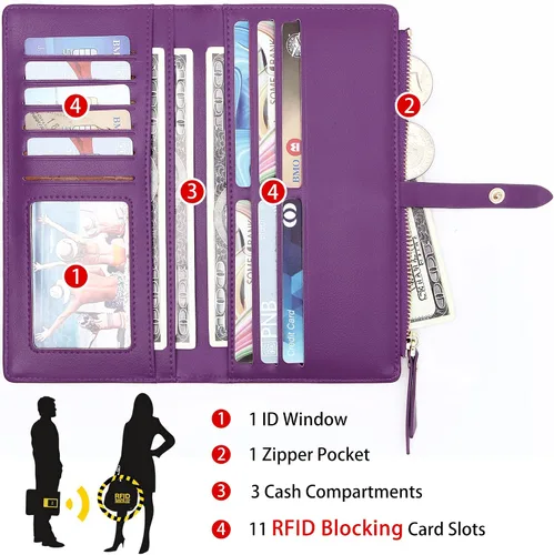 Vista 3 de KUKOO Billetera para mujer ultra delgada RFID para tarjetas de crédito con bolsillo con cremallera, Z- Morado oscuro