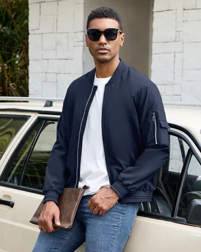 Vista 18 de Polu Chaquetas bomber para hombre con bolsillos, chaquetas cortavientos ligeras, cremallera de 2 vías, abrigo casual de negocios para otoño e