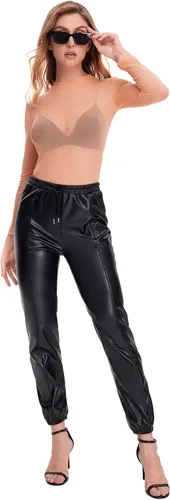 Vista 5 de Floerns Pantalones de piel sintética con cordón y cintura alta para mujer