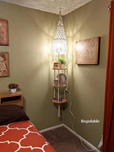 Vista 7 de QIYIZM Lámpara colgante bohemia enchufable con cable de enchufe, lámpara colgante regulable de macramé y estante de soporte para plantas, decoración
