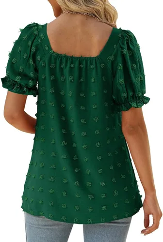 Vista 4 de OFEEFAN Tops y blusas para mujer, cuello cuadrado, manga abombada, gasa con lunares suizos