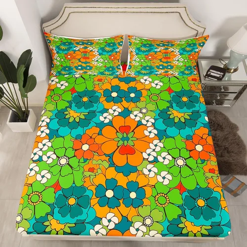 Vista 10 de Juego de sábanas ajustadas estilo 70s hippie retro para cama individual, juego vintage de otoño con hojas florales para niños y niños, juego de ropa