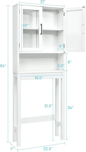 Vista 3 de WATERJOY Gabinete de almacenamiento sobre el inodoro, organizador de gabinete de baño con 2 puertas de vidrio templado Moru, estante para inodoro