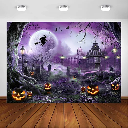 Vista 10 de Avezano Telón de fondo para fotografía de Halloween, luna llena, noche aterradora, castillo, calabazas, fondo de fiesta, espeluznante, bruja, Azul
