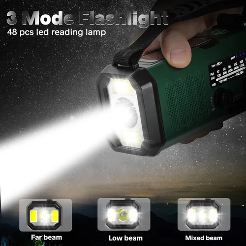 Vista 5 de Radio de emergencia con manivela de 10000 mAh, radio meteorológica NOAA con radio AM/FM y solar, batería recargable, linterna y luz de lectura