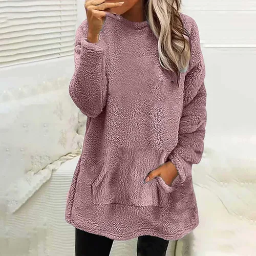 Vista 6 de Sudadera Sherpa para mujer, cuello redondo, forro polar, cálida, peluda, con bolsillo tipo canguro