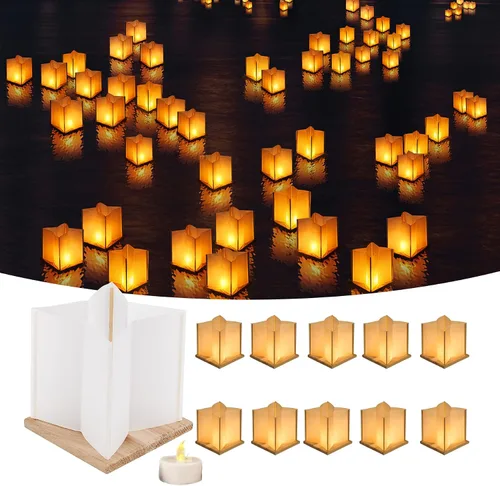 Vista 8 de Paquete de 10 Linternas Flotantes en Forma de Estrella de 6" con Juegos de Base de Madera Impermeables, Linternas de Agua de Papel Decorativas