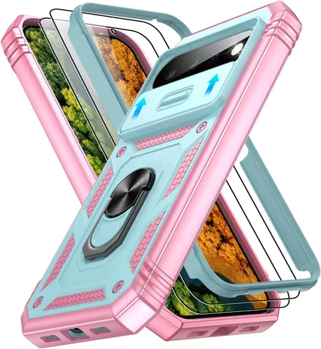 Vista 165 de Gritup Funda para Google Pixel 6 con cubierta deslizante para cámara y protector de pantalla (2 unidades), soporte de anillo giratorio 360°, funda